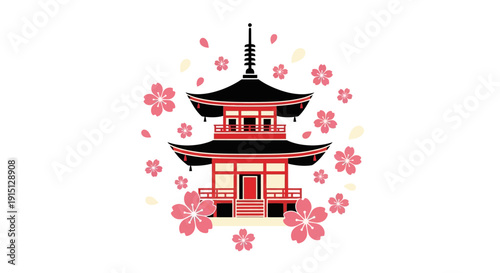 Japanese Pagoda Temple with Cherry Blossoms.