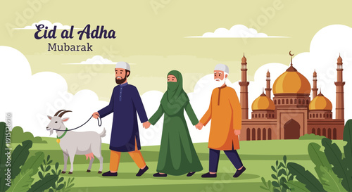 Family walking with goat towards mosque on Eid al Adha celebration day in a lush green landscape