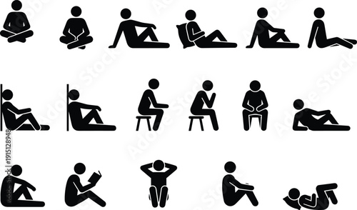 People Sitting Silhouettes Collection, Human Figures in Various Seated Poses, Relaxing, Thinking, Reading, Isolated Black Icons on White