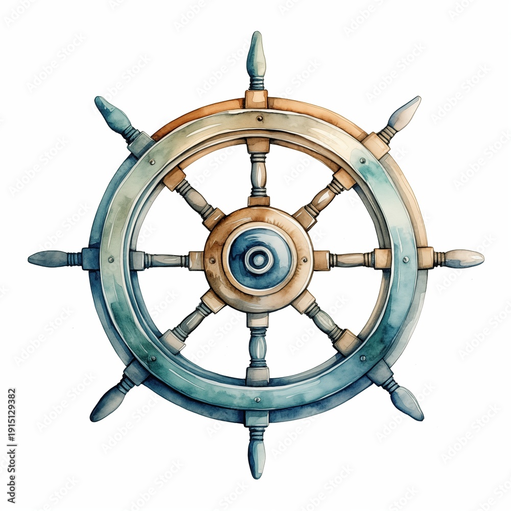 Obraz premium ship's wheel depicted in watercolor on a white background