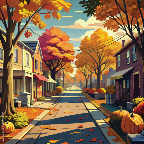 A scenic European town alleyway featuring golden autumn leaves and orange trees framing a stone path past historic architecture and city buildings at night