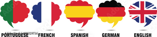 Colorful speech bubbles representing portugal, france, spain, germany, and england with their respective flags and languages listed below