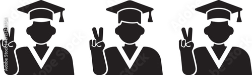 Three graduates in gowns and mortarboards silhouette vector illustration
