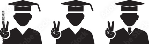 Three graduates in gowns and mortarboards silhouette vector illustration 