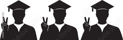 Three graduates in gowns and mortarboards silhouette vector illustration 
