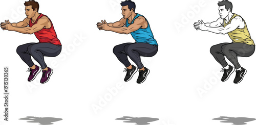 Male athlete performs squat jumps in various colored tank tops illustration