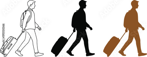 Man walking with luggage and backpack in various illustration styles
