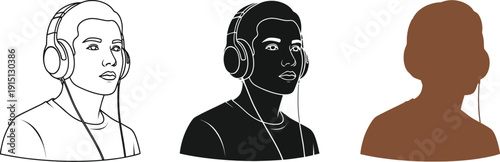 Three diverse individuals wearing headphones in different illustration styles