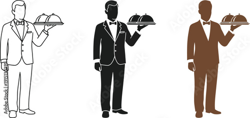 Elegant waiter serving food on a tray in three color variations
