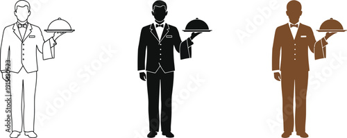 Elegant butler or waiter presents a serving tray in various stylish designs