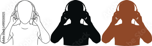 Person wearing headphones in various artistic styles and representations perfectly