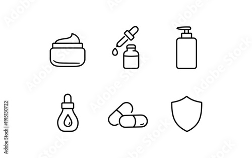 Collection of simple line icons representing skincare and health products