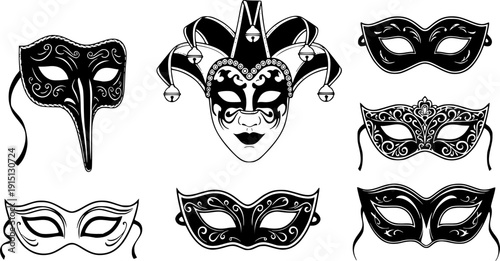set of masquerade silhouette line art vector illustration with a white background
