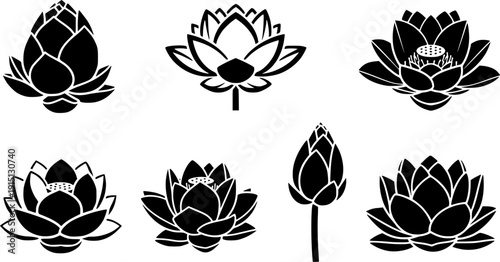 set of lotus flower silhouette line art vector illustration with a white background
