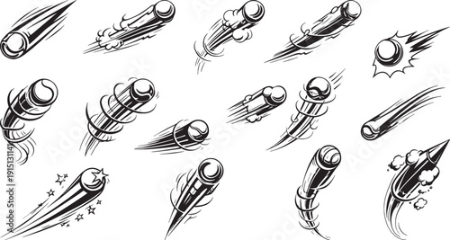 Cartoon meteor and comet set with motion trails dynamic space object monochrome vector collection icon