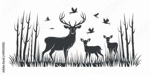 Silhouette of a stag doe and fawn with birds in a forest scene