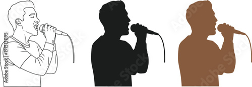 Young male singer performing into a microphone in various graphic styles