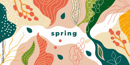 Abstract floral arrangement with the word spring in a modern style