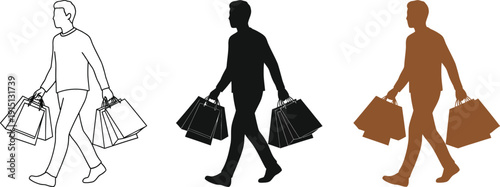 Man walking with shopping bags in various styles and colors illustration