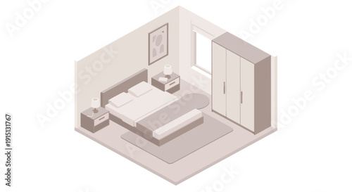 Isometric illustration of a bedroom with a bed, wardrobe, bedside tables and window. Soft, neutral color palette. Concept for interior design, furniture stores, real estate.
