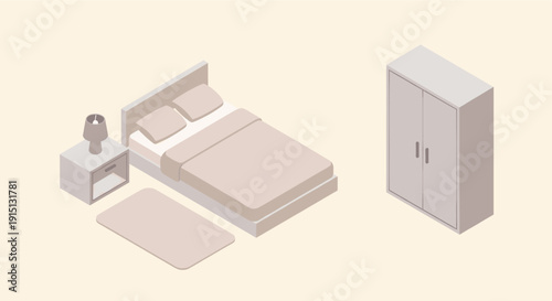 Clean isometric illustration of a bedroom with a bed, bedside table, lamp, rug, and wardrobe. Great for designs about home decor, 3D illustration, or graphic design concepts.