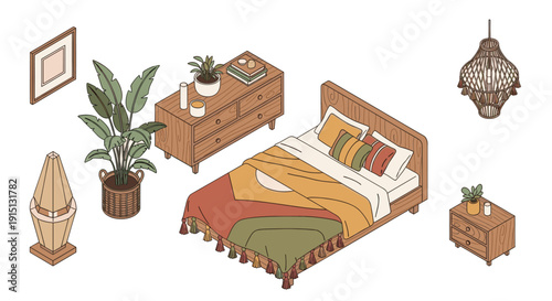 Illustration of a bedroom in isometric view, decorated in bohemian style with wooden furniture, plants, a woven lamp. Can be used for interior design, lifestyle concepts.