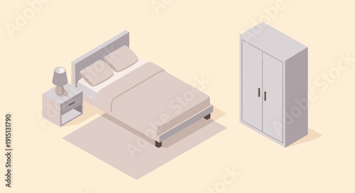 A simple isometric illustration showing bedroom furniture. Includes a bed, nightstand, lamp and wardrobe. Ideal for use in designs depicting home interiors, layouts, or room planning.