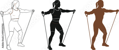 Vector set of woman exercising with resistance bands in different styles