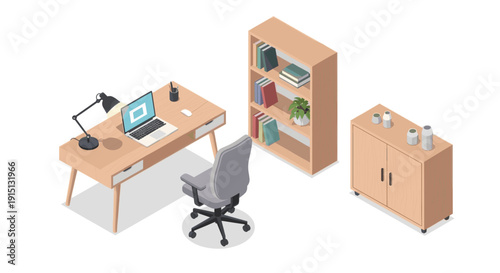 An isometric illustration of a minimalist office featuring a desk with laptop, chair, bookshelf, and cabinet. Ideal for depicting remote work, home office design, and interior concepts.
