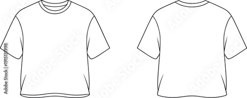 Basic oversized t-shirt flat sketch, front and back view, unisex fashion cad template, short sleeve tee vector drawing