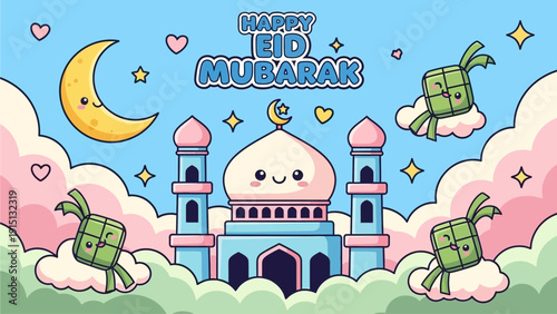 Celebrating Eid Mubarak with cartoon mosque, money, stars, and clouds in a joyful illustration