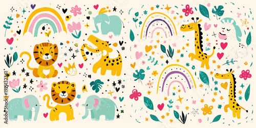 Whimsical illustration of animals rainbows and floral elements on a light background