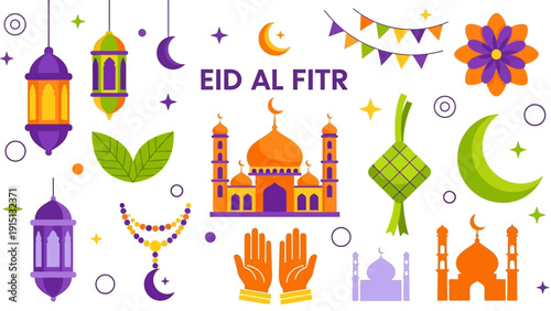 Celebrating Eid al-Fitr with mosque and cultural symbols in a vibrant illustration from a direct viewpoint