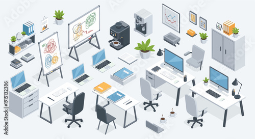 Isometric illustration of a modern office space with desks, computers, chairs, meeting boards, and coffee makers. Suitable for demonstrating workplace design, productivity, and teamwork concepts.