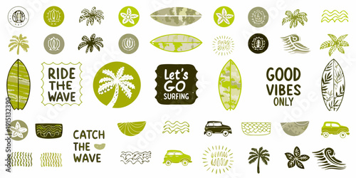 Collection of summer themed icons surfboards and text in shades of green