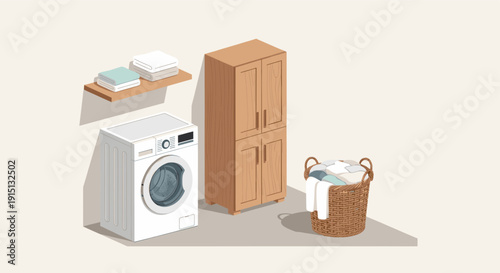 Simple, clean illustration of a laundry room scene. Features a washing machine, storage cabinet, laundry basket, and folded towels. Ideal for home organization or design concepts.