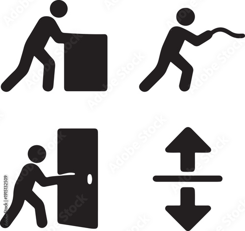 Physical labor and motion icon set depicting person pushing box pulling rope opening door and vertical movement arrows for warehouse work manual handling logistics isolated on transparent background