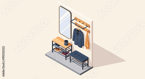 Isometric illustration of a modern hallway entrance. Includes a mirror, bench, coat rack, and shoe storage. Represents interior design, home organization, and contemporary style.