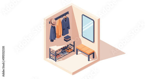 Clean, minimalist isometric illustration of an entryway with a shoe rack, coat rack, mirror, and bench.  Ideal for interior design, real estate, or organization content.