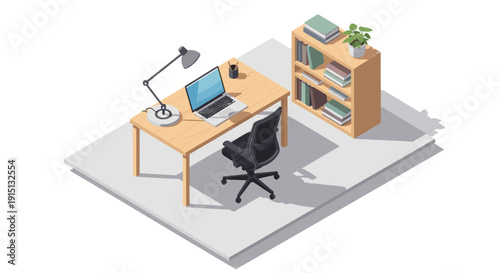 Clean vector illustration of an isometric office setup. Features a desk, laptop, chair, lamp, and bookshelf. Great for website design, infographics, and presentations.