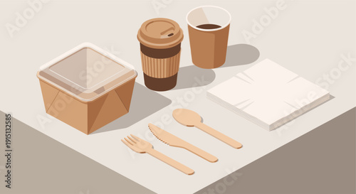 Illustration of takeout food container, coffee cups, napkins, and wooden cutlery. Perfect for illustrating sustainable dining, food delivery services, or eco-friendly packaging concepts.