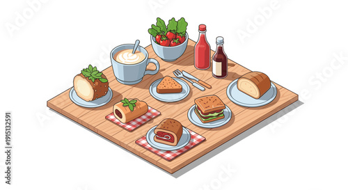 Isometric illustration of a table with a coffee, sandwiches, bread, and other food.  Isolated on white, suitable for menus, blogs, or culinary websites.