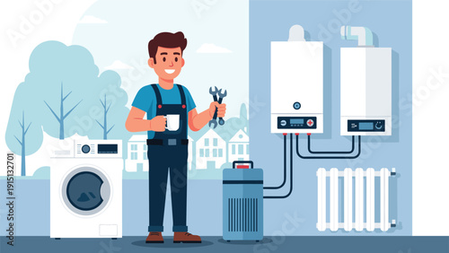 Maintenance repairman in blue overalls holding wrenches next to a washing machine, boiler, and radiator in a domestic utility room.