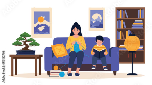 Mother and son spending quality time together in a cozy living room with knitting and reading activities on a blue sofa at home.