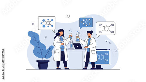 Two professional researchers working together in a chemistry lab using flasks and digital technology for scientific investigation.