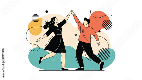 Happy man and a woman in stylish clothes are dancing together against a colorful abstract background in an artistic illustration.