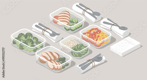 Vector illustration of meal prep containers with protein, vegetables, grains and utensils. Good for healthy eating, diet or lunch illustration.
