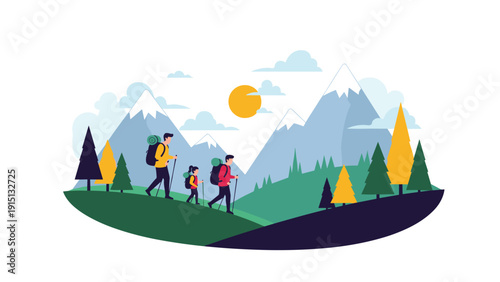 Happy family enjoying a hiking trip in the mountains with beautiful scenery of green trees, snowy peaks, and a bright yellow sun.