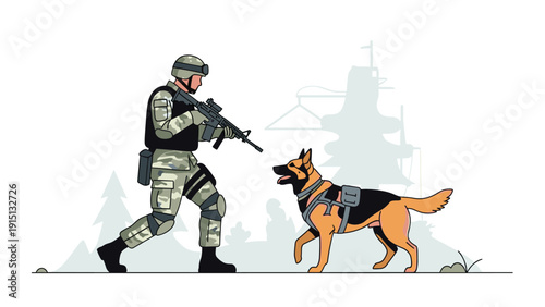 Soldier in military camouflage gear walking with a trained German Shepherd dog in a snowy forest environment during a patrol mission.