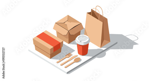 Minimalistic isometric illustration showing takeaway food packaging, a brown paper bag and wooden cutlery. Vector graphic suitable for food industry, restaurant delivery.